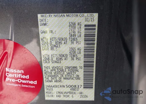 2015 Nissan Titan Sl from USA, damaged, VIN 1N6AA0EC4FN500837